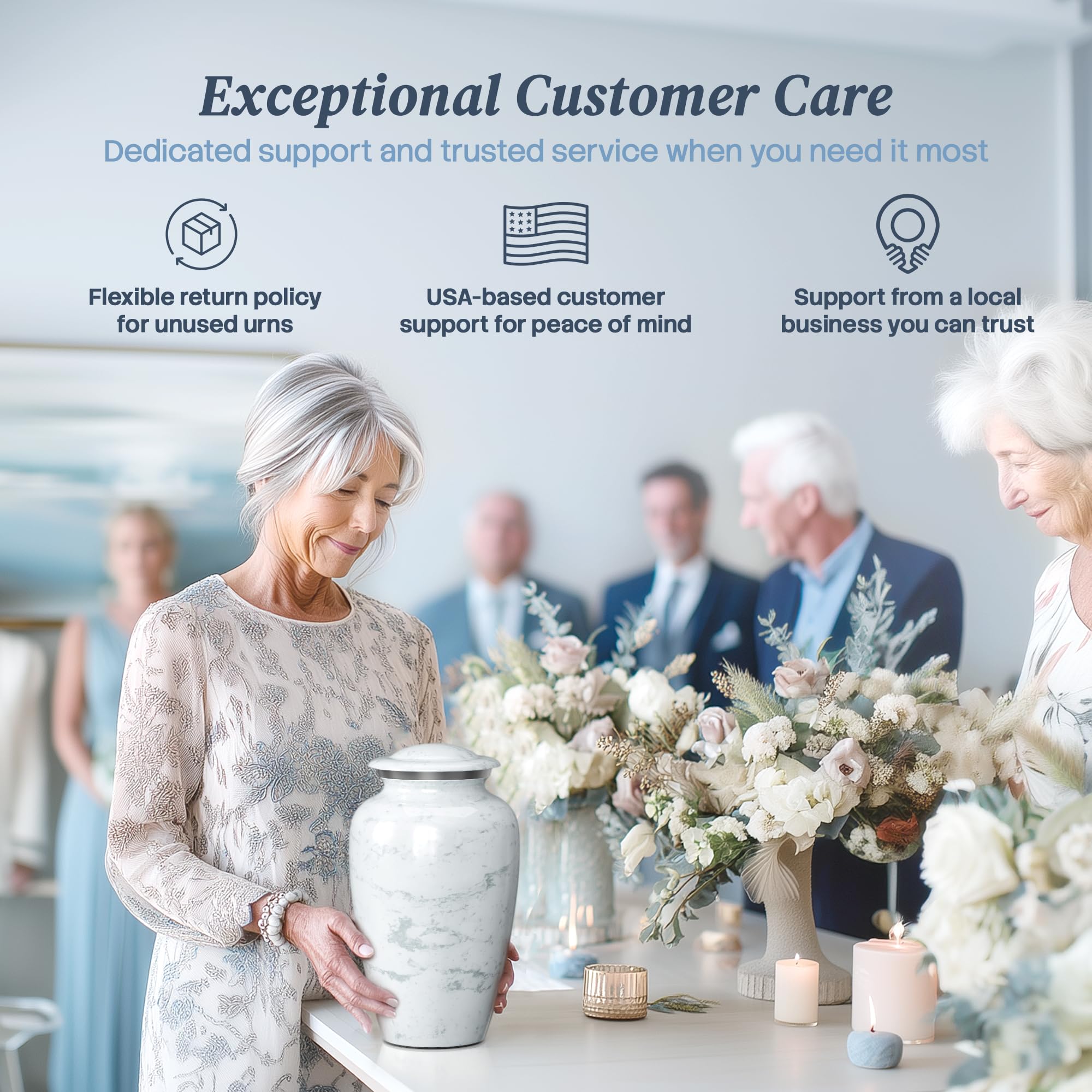 Hearthy Home urn with floral tribute showing graceful presentation option