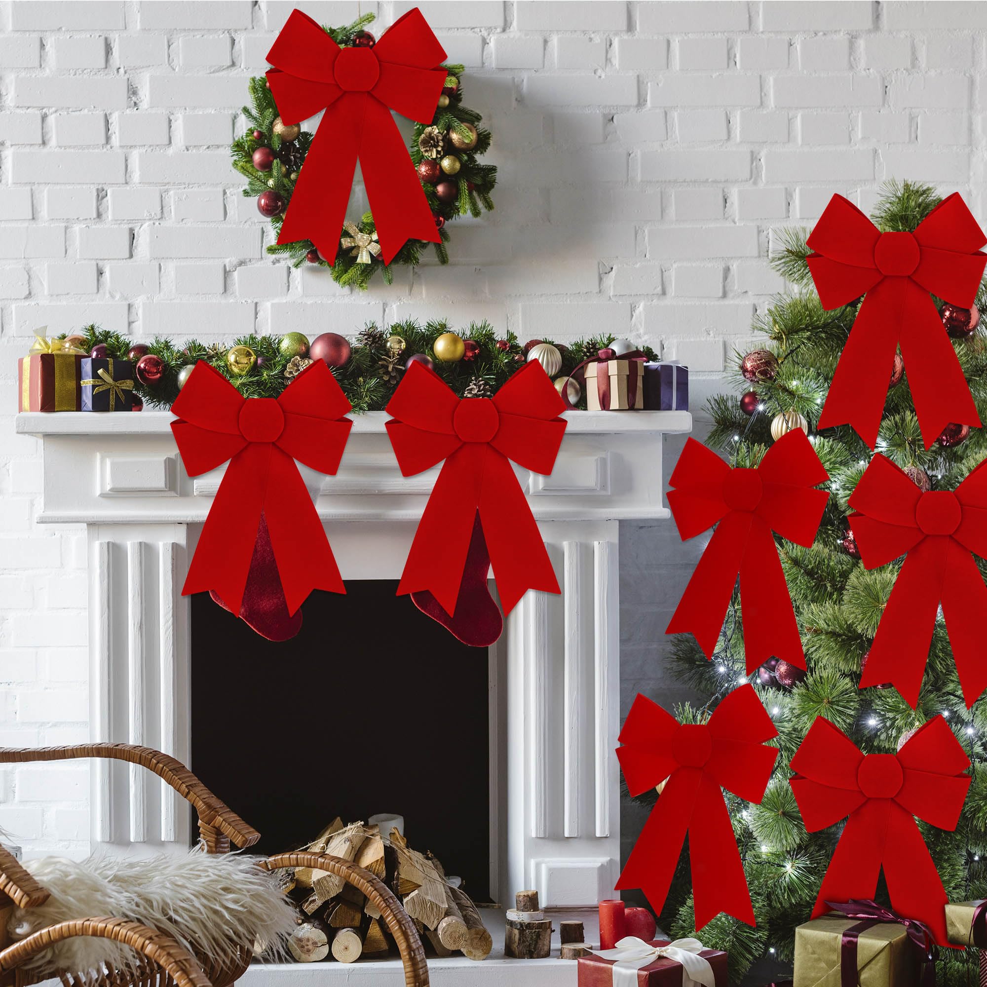Heartome bow attached to staircase railing enhancing holiday staircase decor