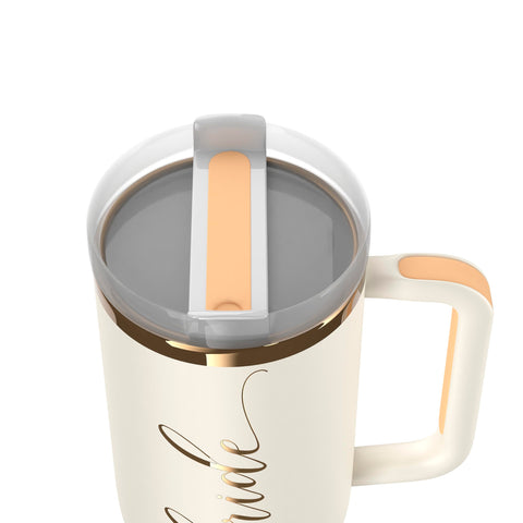 Heather & Willow close-up of rose-gold lettering and stainless texture, detail that preserves finish when hand washed