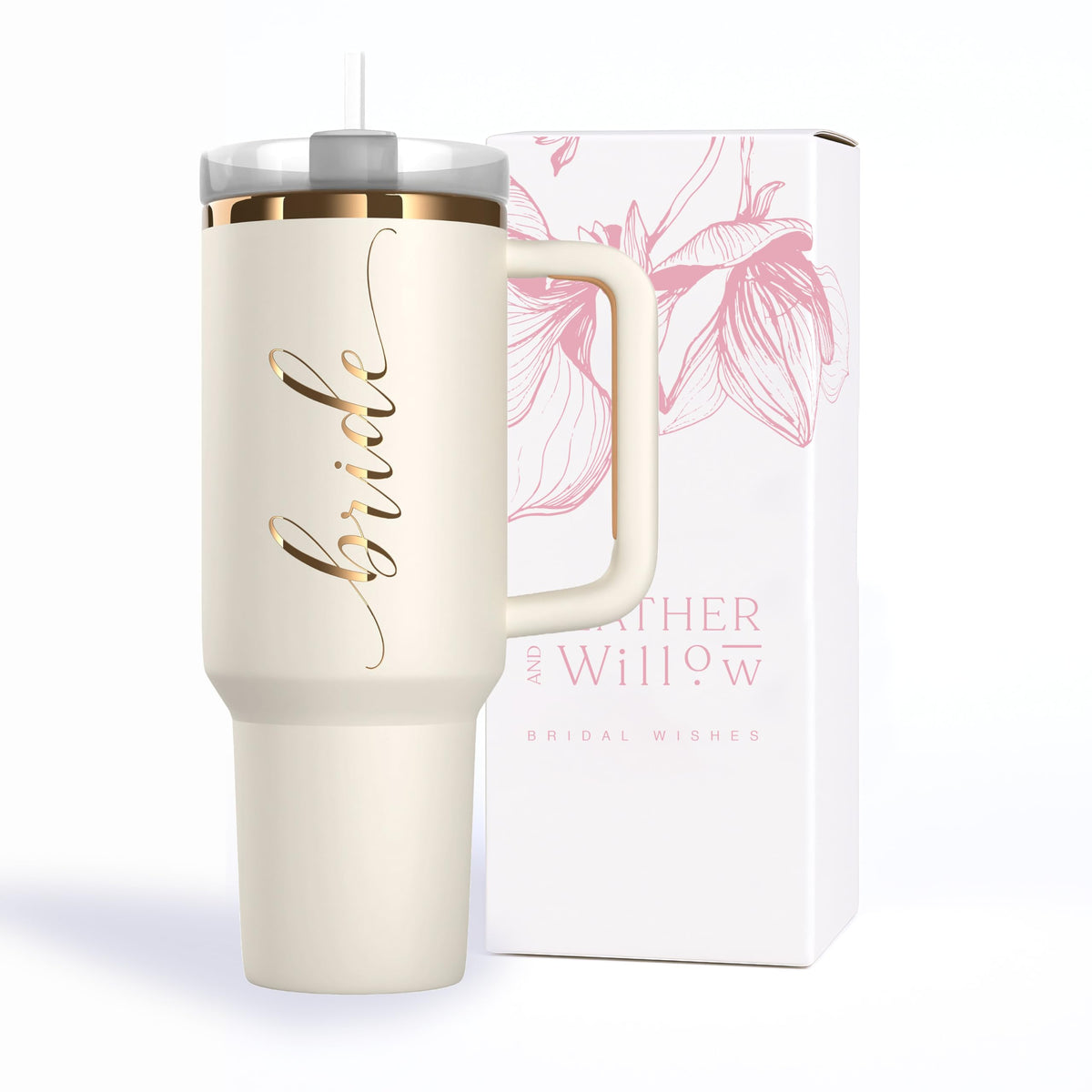 Heather & Willow front view of bride cup showing warm cream finish and rose gold lettering, elegant gift appeal