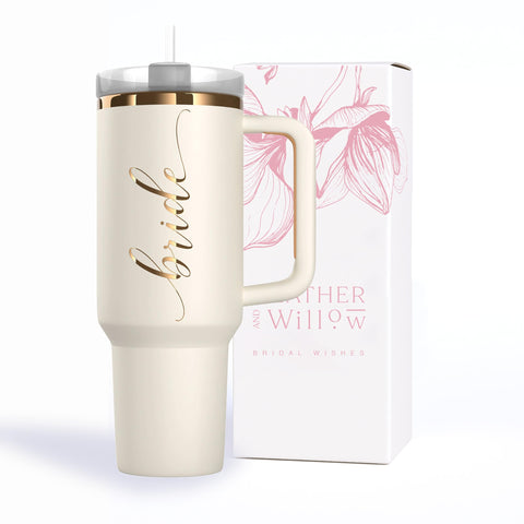 Heather & Willow front view of bride cup showing warm cream finish and rose gold lettering, elegant gift appeal