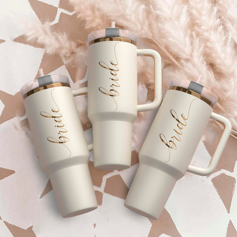 Heather & Willow bride cup styled at a bachelorette gathering, practical and stylish for wedding events