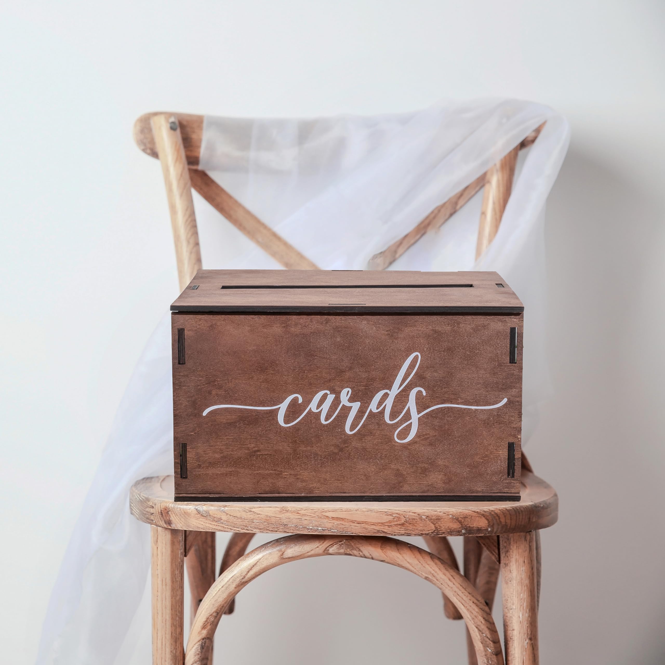 Heather & Willow card box on a reception table collects envelopes and enhances decor