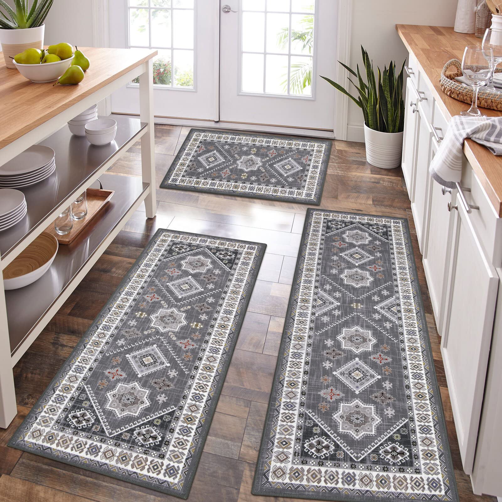 HEBE front view of three-piece boho kitchen rug set showing coordinated style and protection