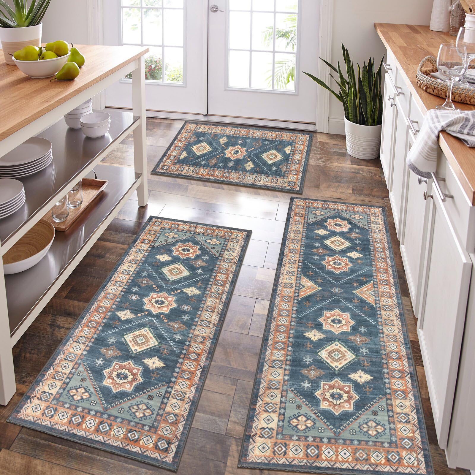 HEBE RUGS front view of three-piece boho kitchen rug set showing coordinated design and coverage