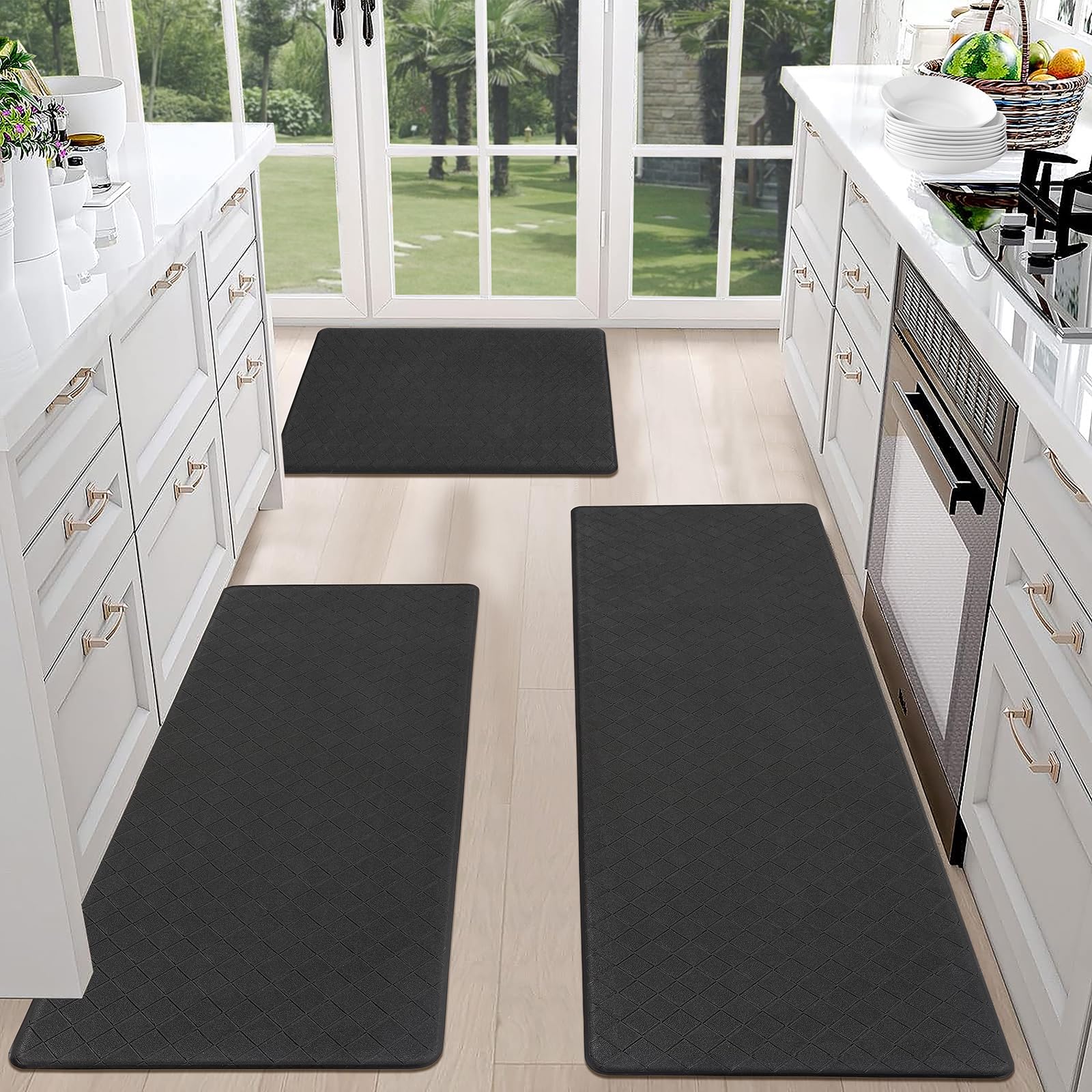 HEBE front view of three-piece mat set showing sizes and packaging benefit: clear sizing