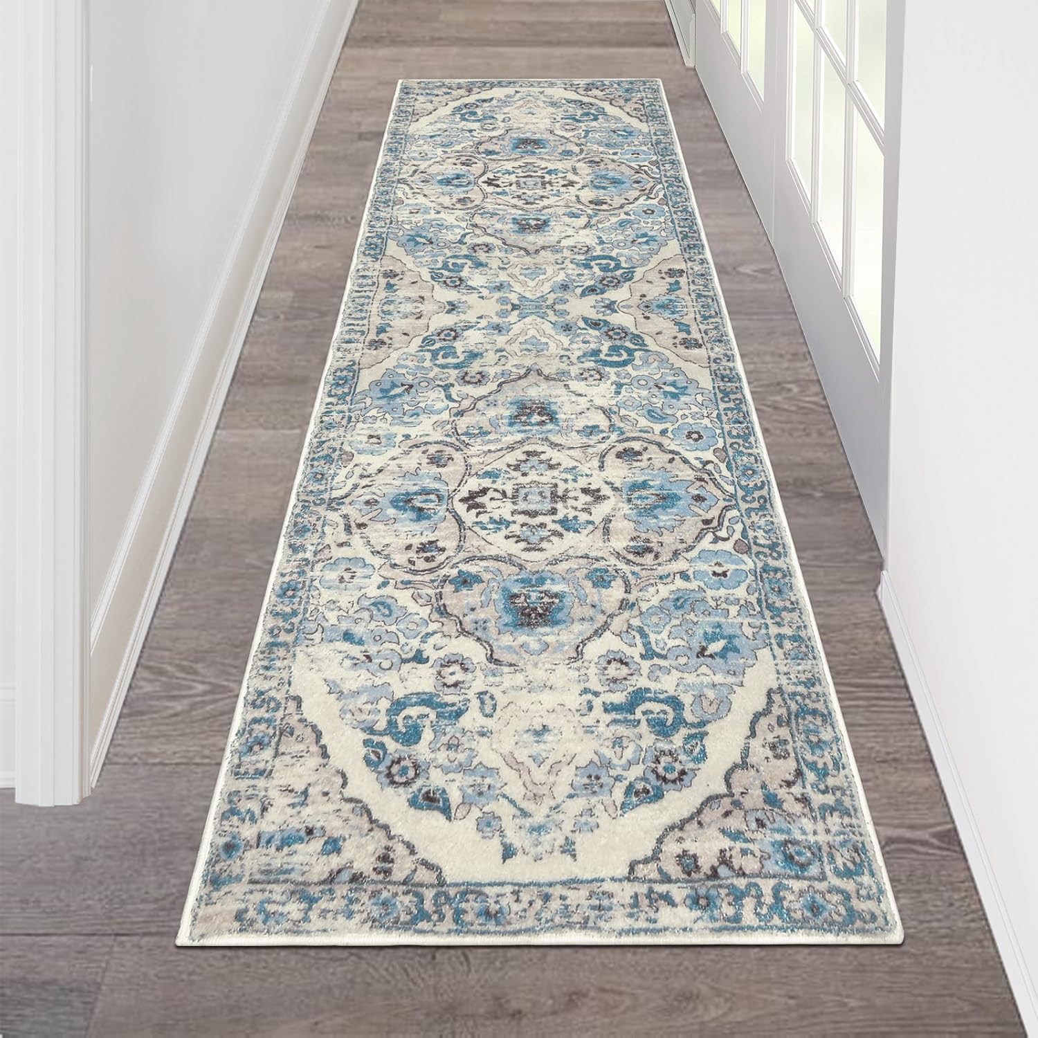 HEBE RUGS front view of 2x6 runner showing vintage boho pattern and stylish entry benefit