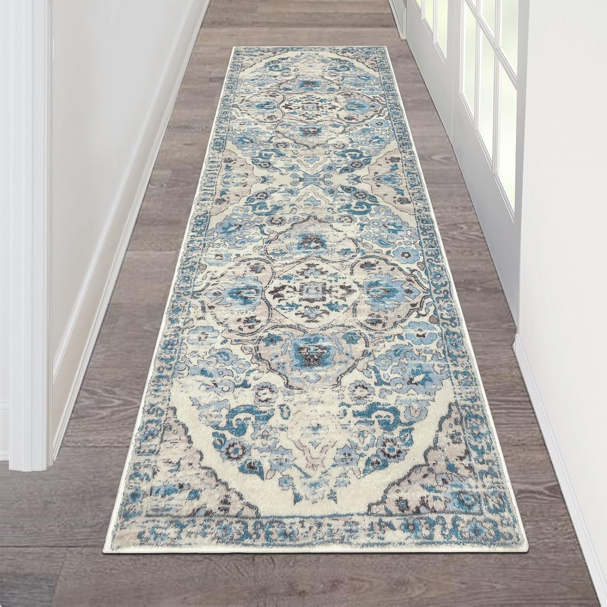 HEBE RUGS front view of 2x6 runner showing vintage boho pattern and stylish entry benefit