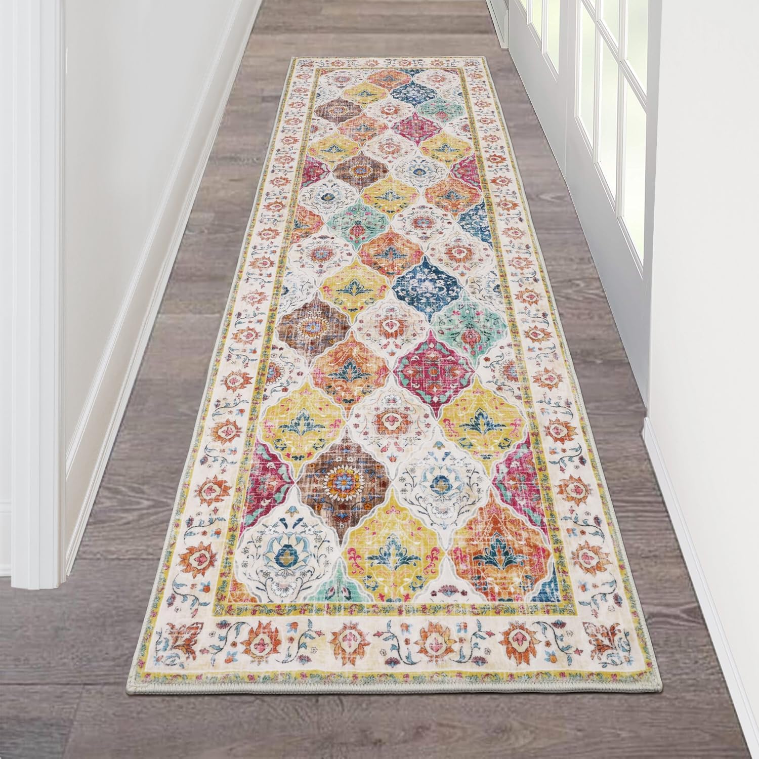 HEBE RUGS front view of 2x6 runner showing boho pattern and cozy look
