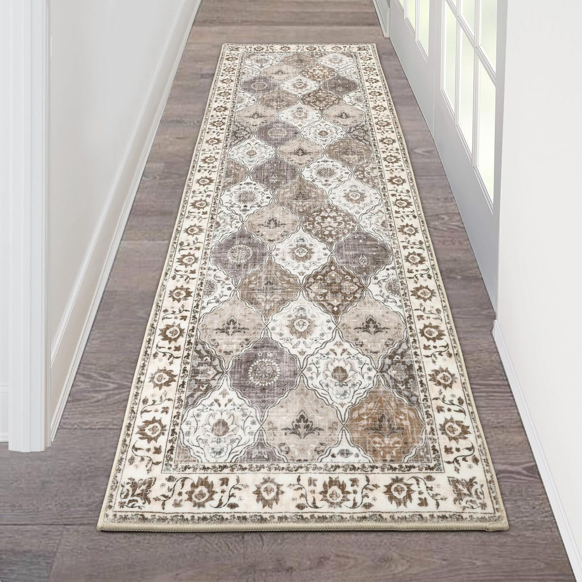 HEBE RUGS runner front view showing boho pattern and welcoming entrance benefit