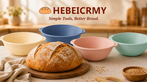 HEBEICRMY lifestyle kitchen bake setup showing multiple baskets in active sourdough workflow