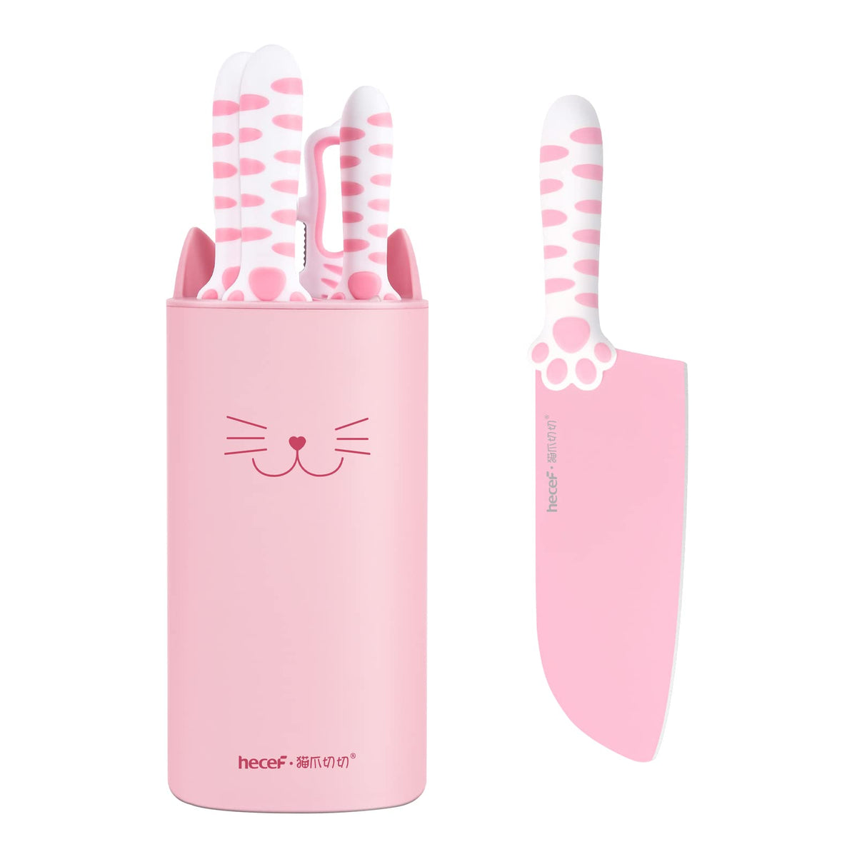 hecef front view of pink 5-piece set showing cute cat block for countertop appeal