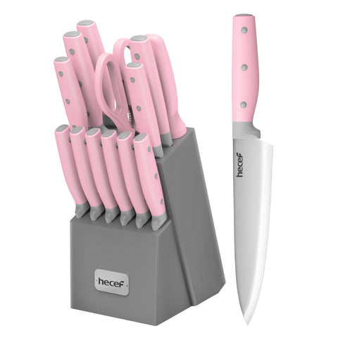 hecef front view knife block set pink showing organized storage and space-saving benefit