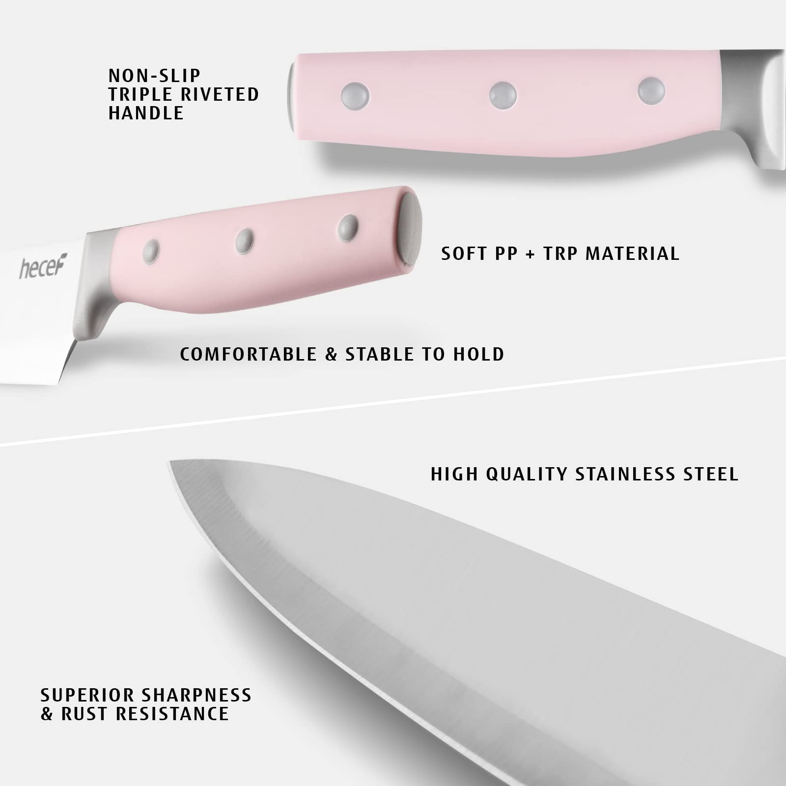 hecef ergonomic pink handle detail offering non-slip comfort and secure grip