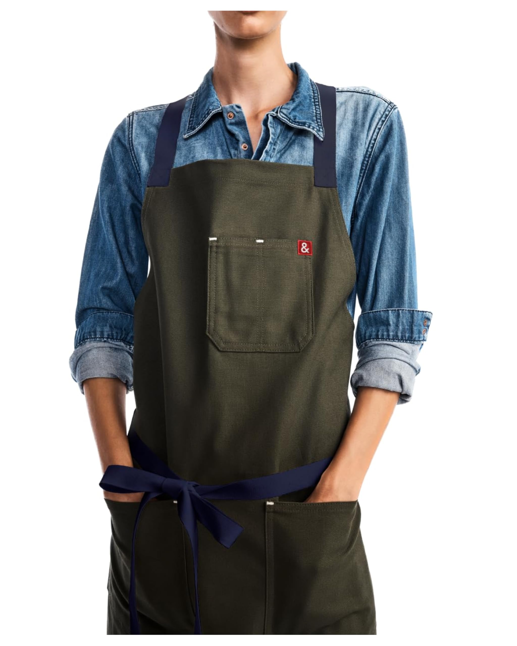 hedley & bennett front view of olive green apron showing shape and coverage for protection