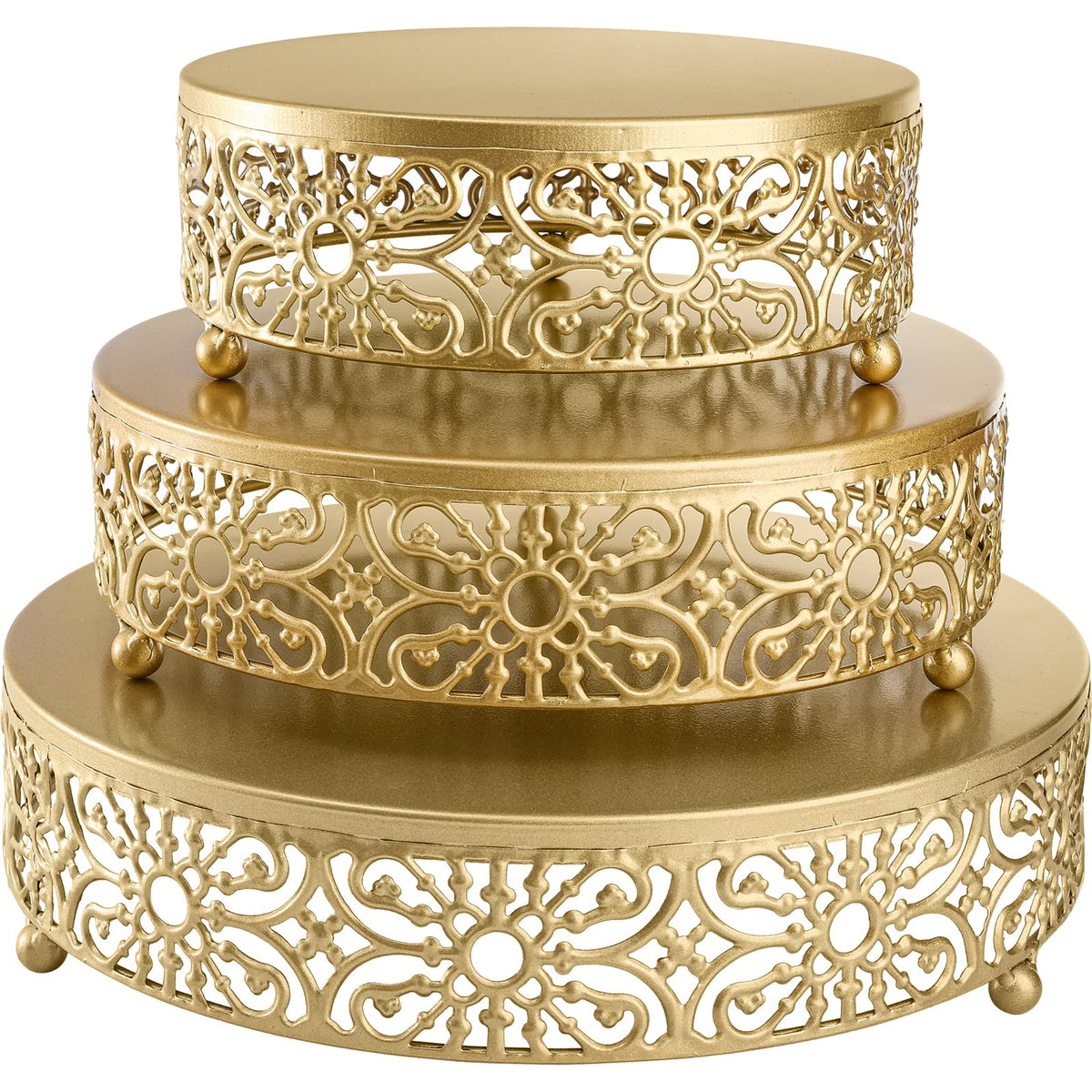 Hedume gold cake stands front view showing three sizes and elegant shine
