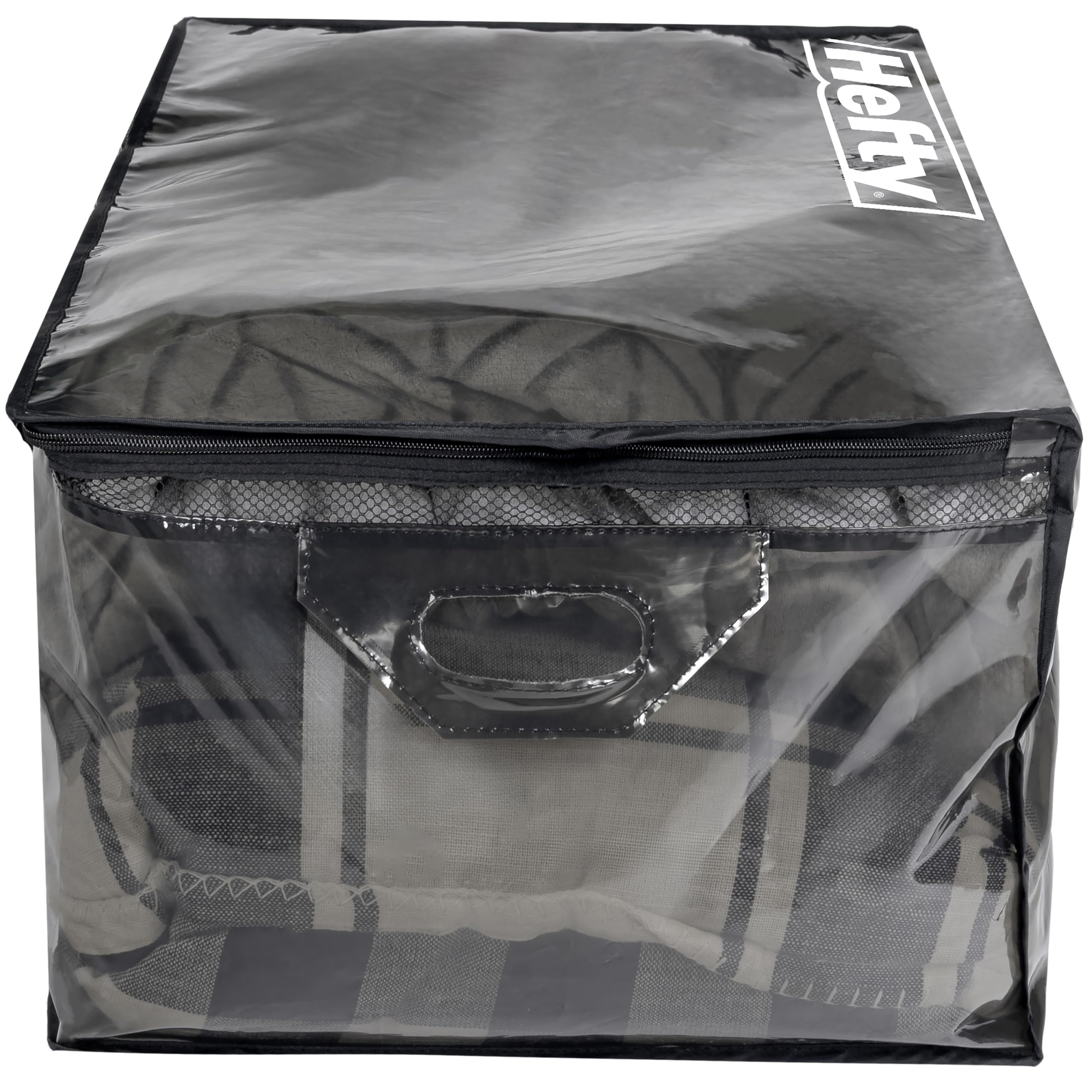 Hefty carrying in use with person transporting bag showing portability benefit
