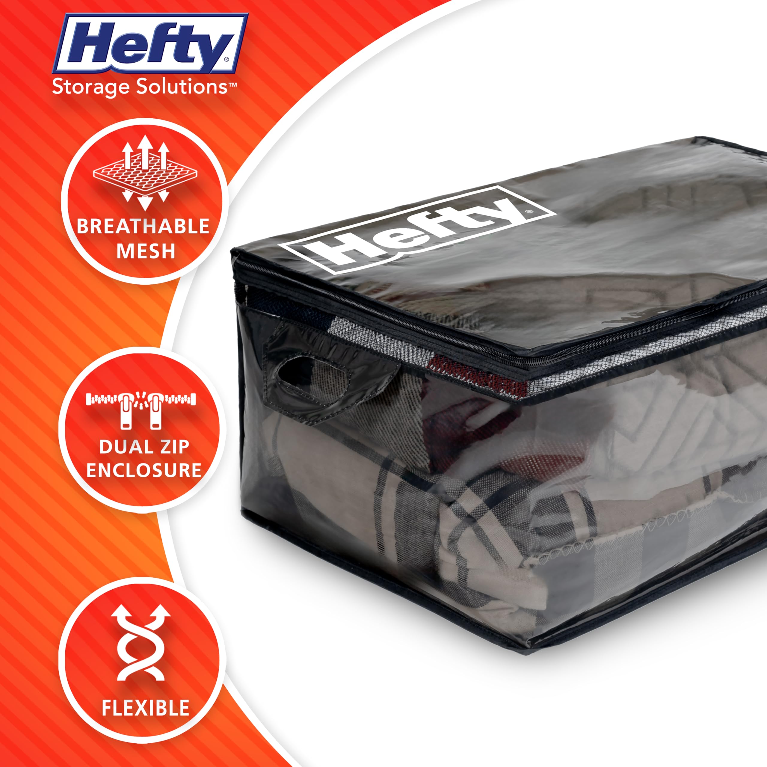 Hefty double zipper detail emphasizing easy access and secure seal benefit