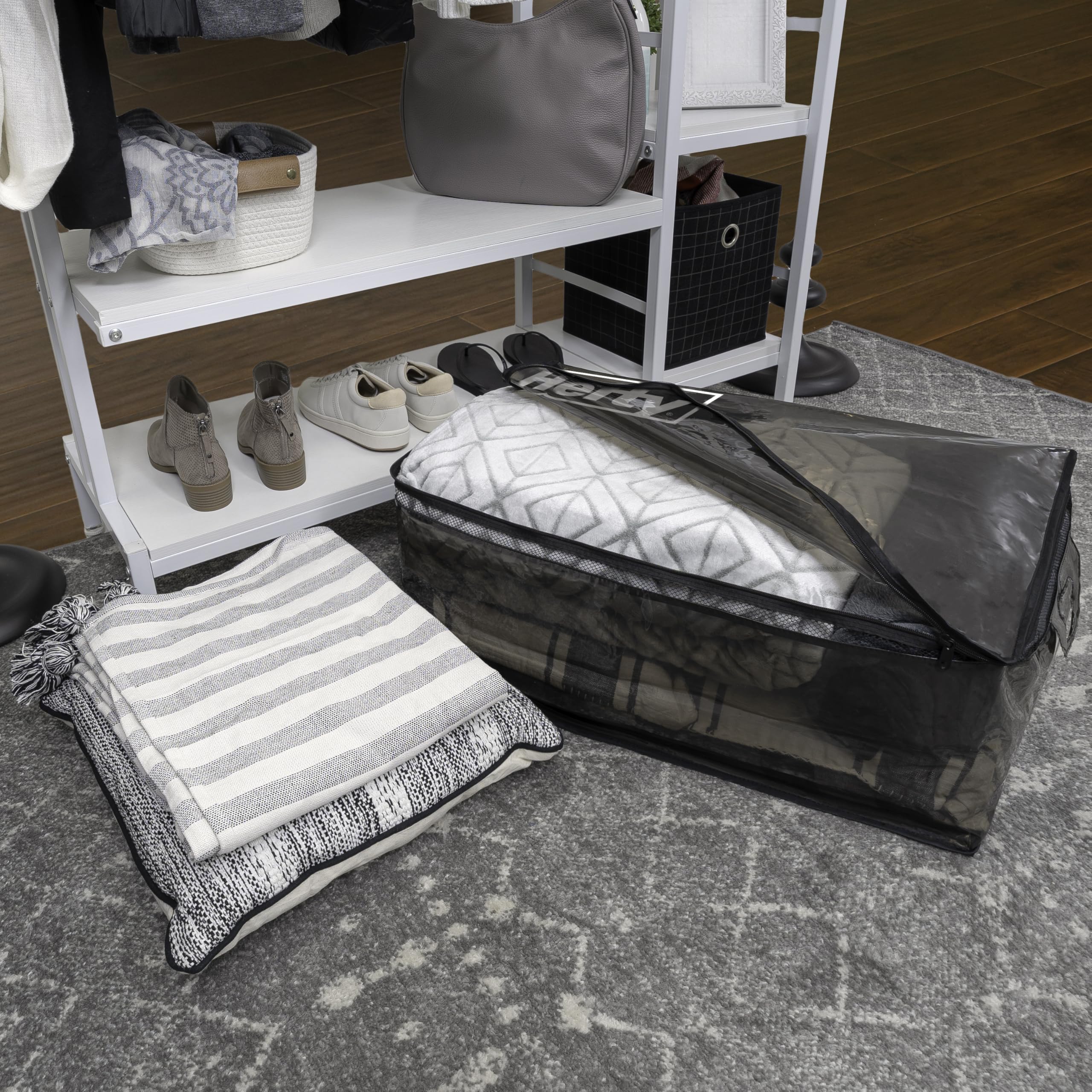 Hefty folded flat storage illustrating compactness and space-saving benefit