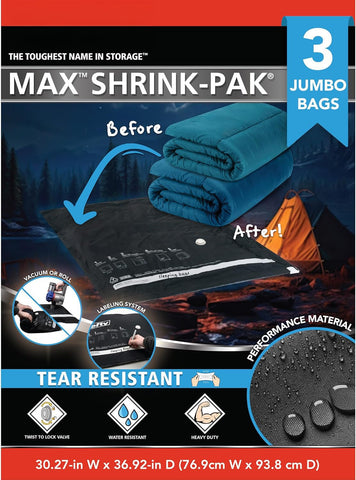 Hefty front packaging showing three jumbo vacuum bags and pump, space-saving benefit
