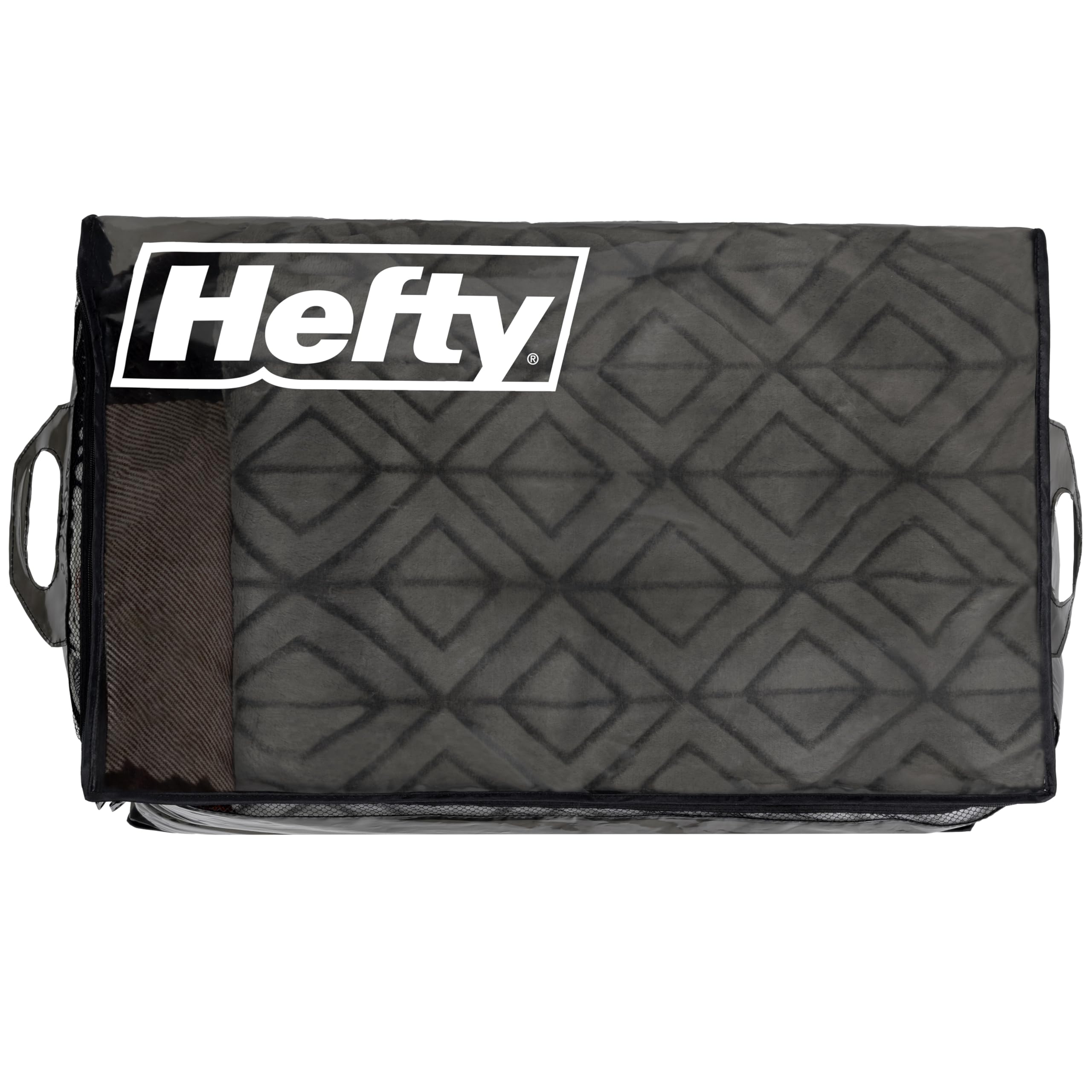 Hefty label and size tag close-up highlighting product information and fit benefit