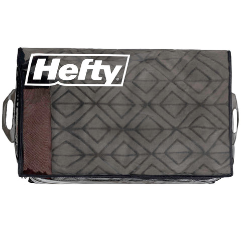 Hefty label and size tag close-up highlighting product information and fit benefit