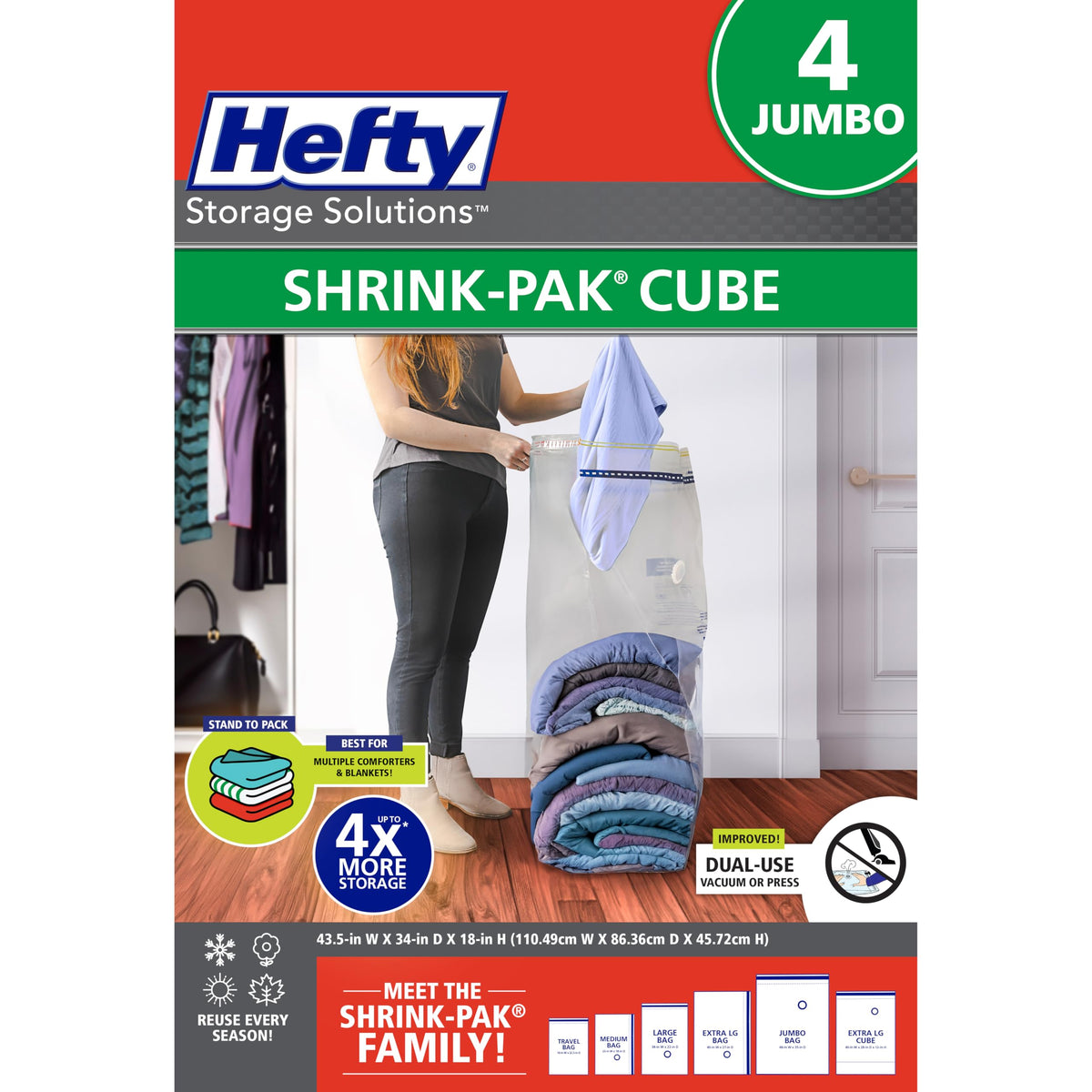 Hefty Shrink-Pak front packaging showing four jumbo cubes and benefits