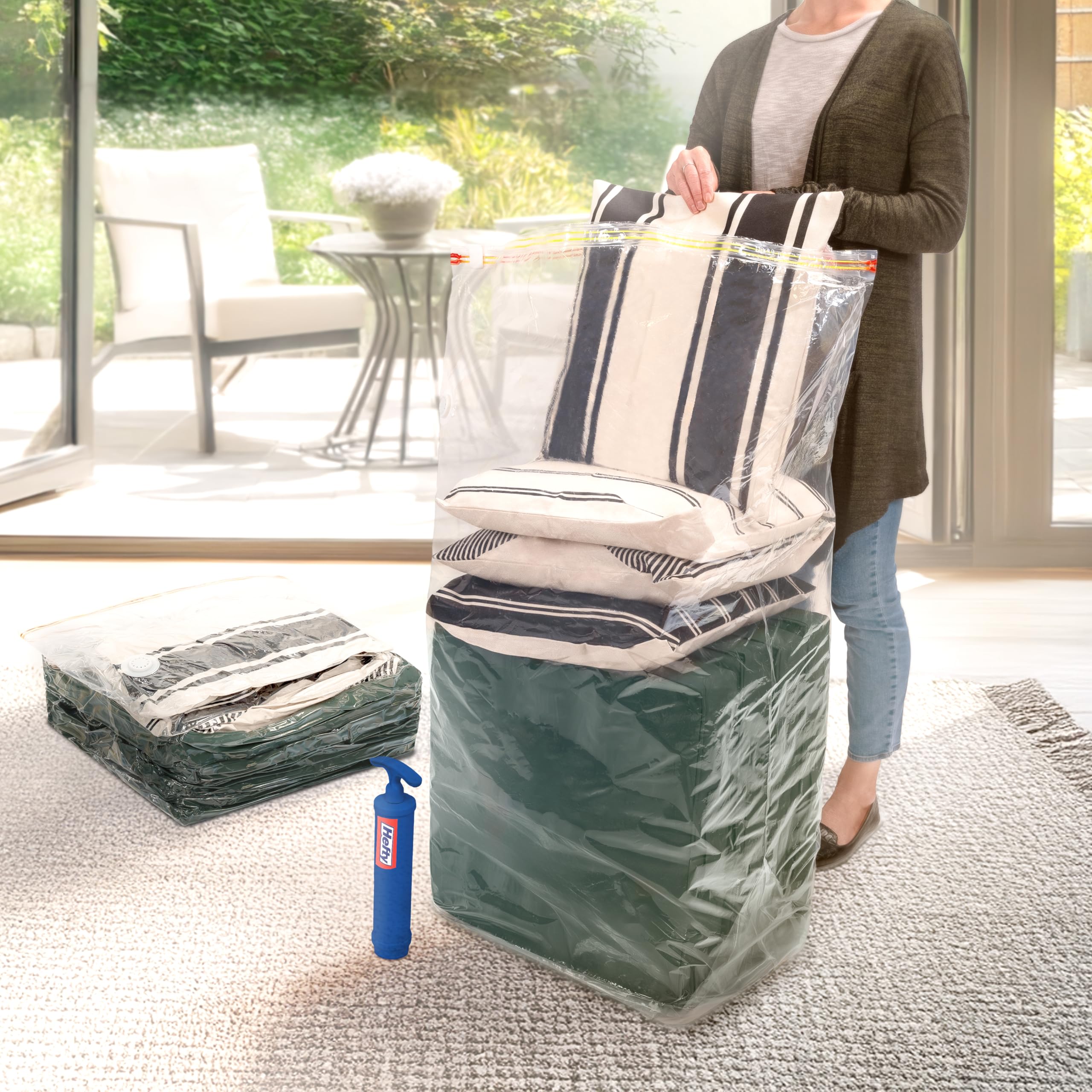 Hefty Shrink-Pak textured durable material highlighting reusable strength