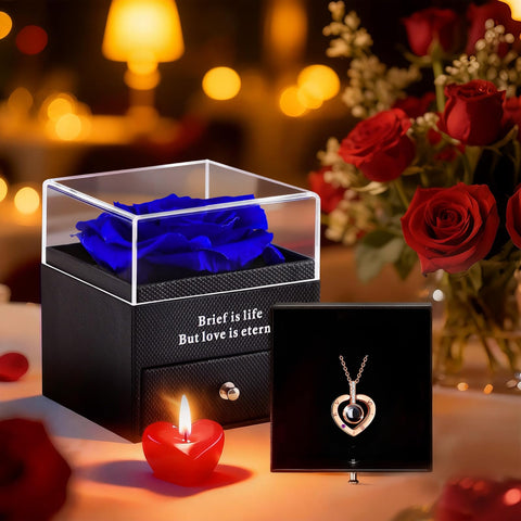 HEGUD open gift box displaying rose, necklace, and card for an all-in-one gifting solution