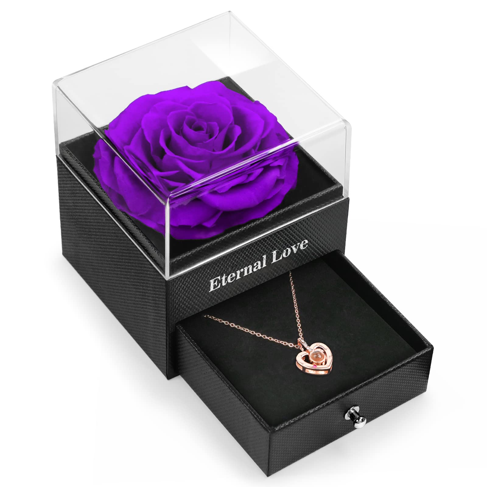 HEGUD front view gift box showing purple preserved rose and necklace benefit keepsake