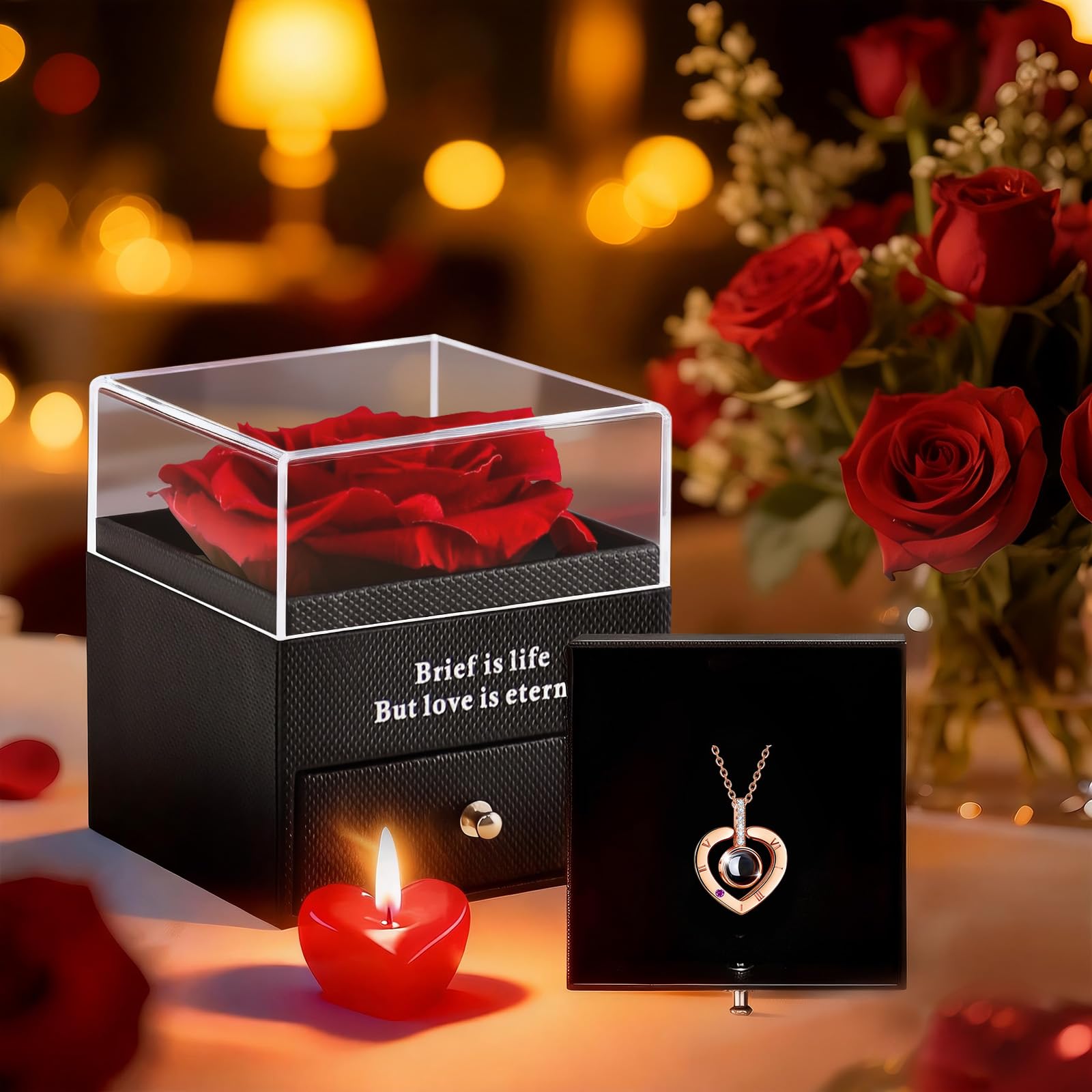 HEGUD open gift box with rose and necklace, elegant presentation benefit