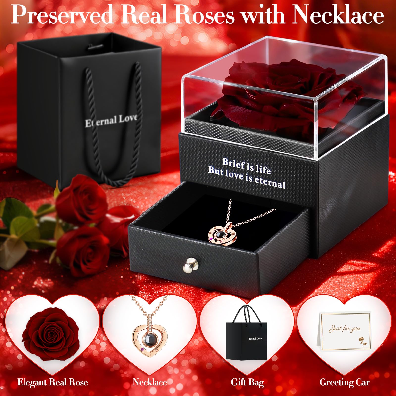 HEGUD rose and necklace open gift box ready to present with elegance