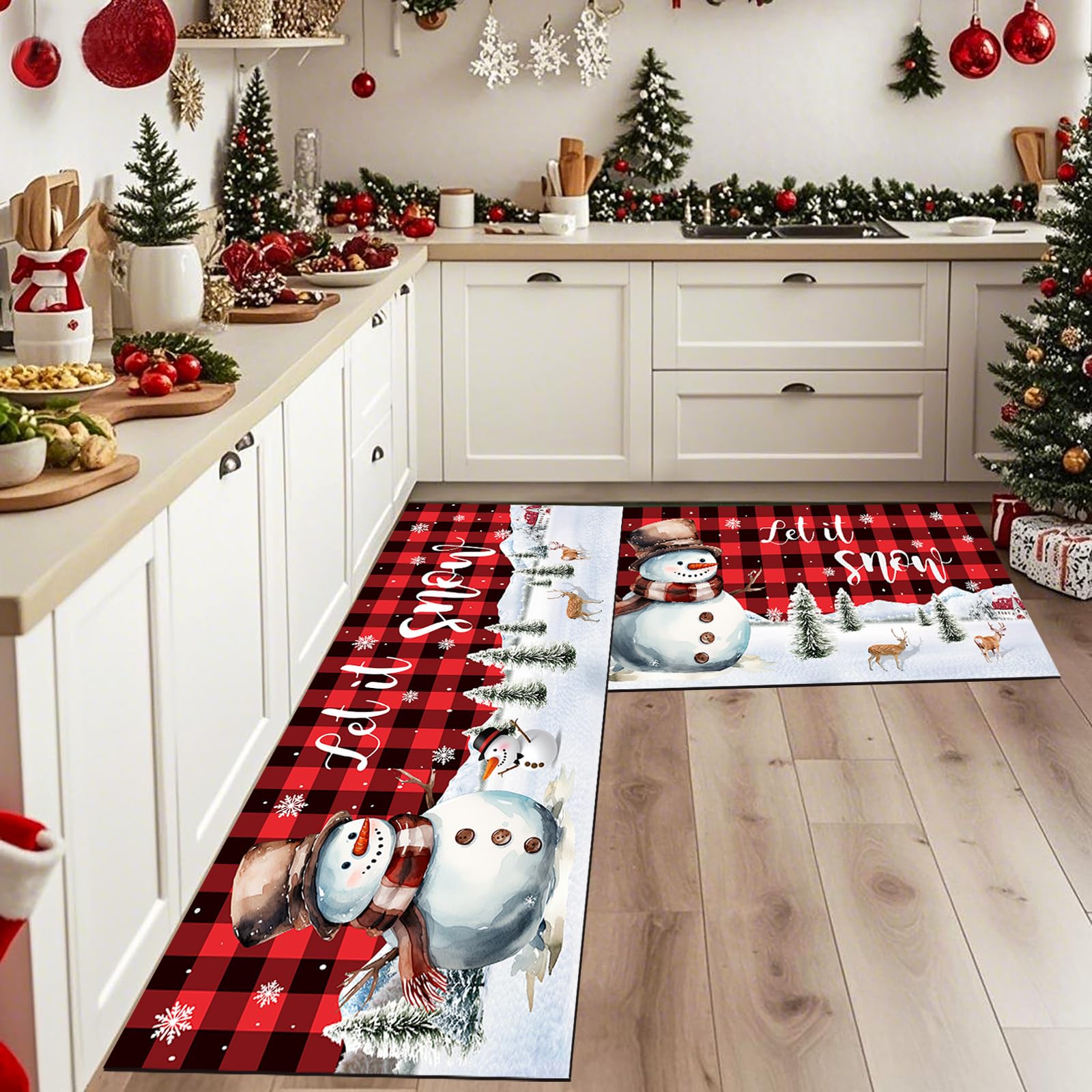 HEHJIPY front view of red buffalo plaid holiday kitchen rugs showing festive design and fit