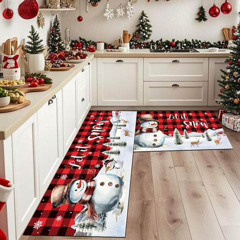 HEHJIPY front view of red buffalo plaid holiday kitchen rugs showing festive design and fit