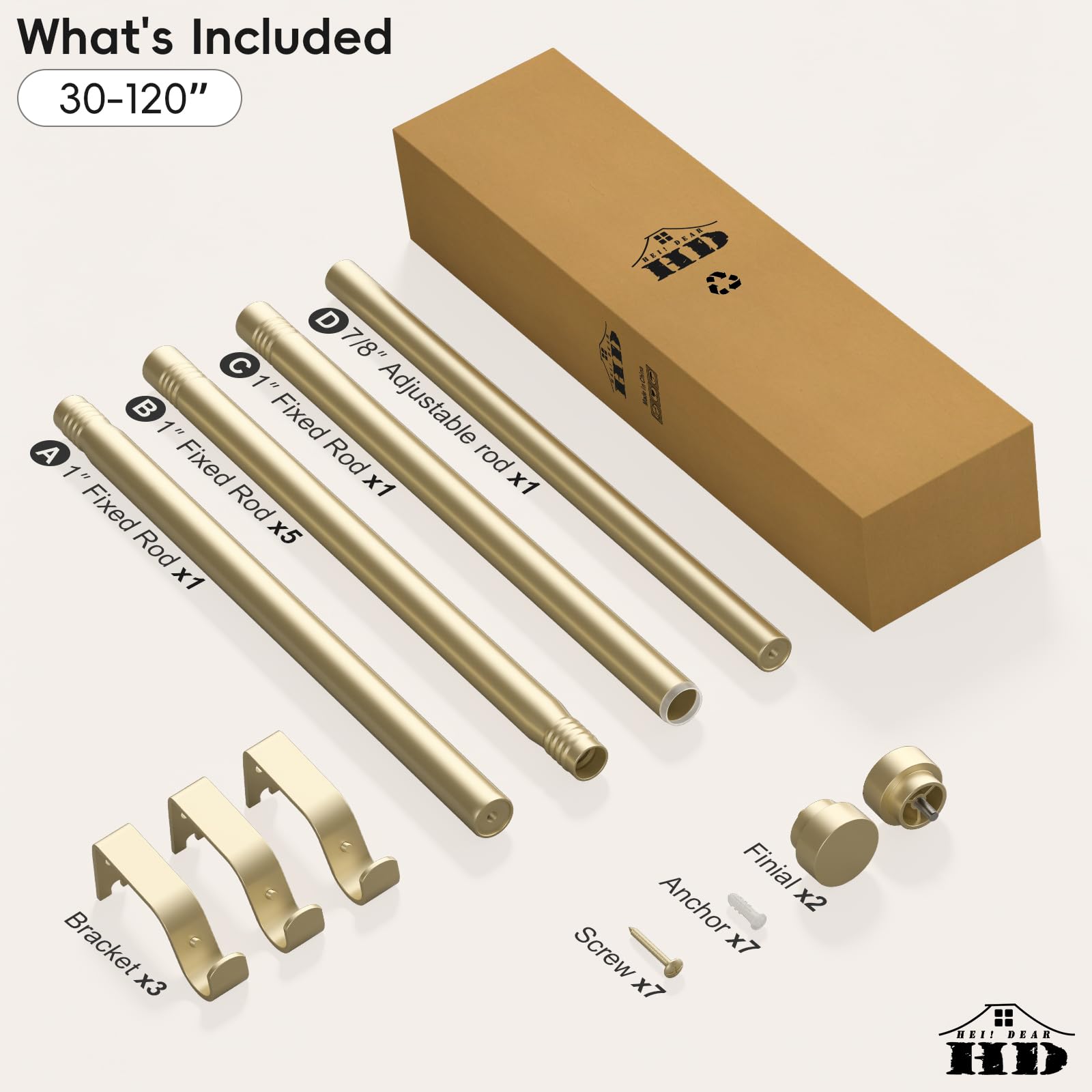 hei! dear box contents laid out including rods, finials, brackets, and anchors