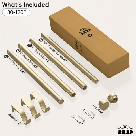 hei! dear box contents laid out including rods, finials, brackets, and anchors