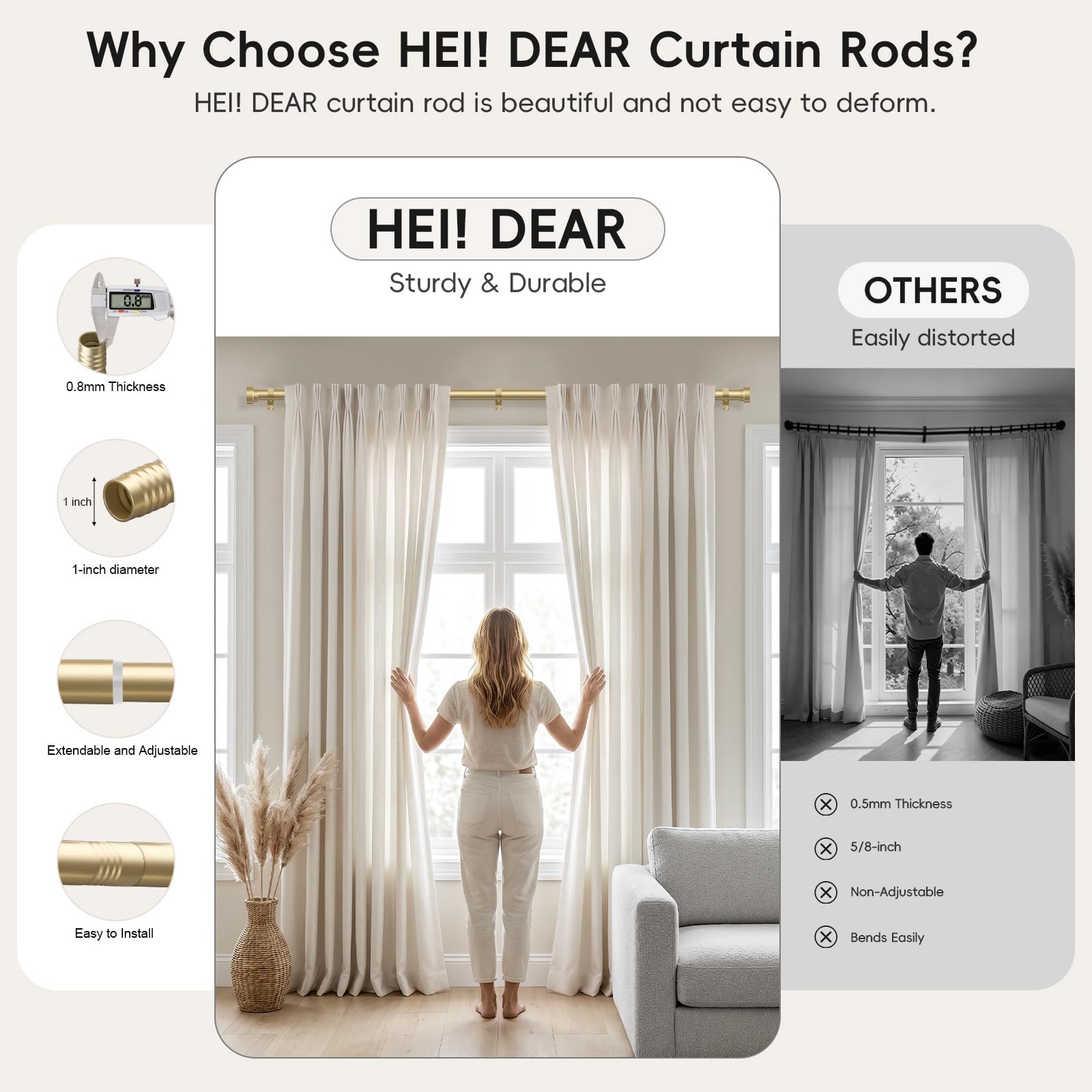 hei! dear length comparison with ruler illustrating adjustable 66–120 inch fit