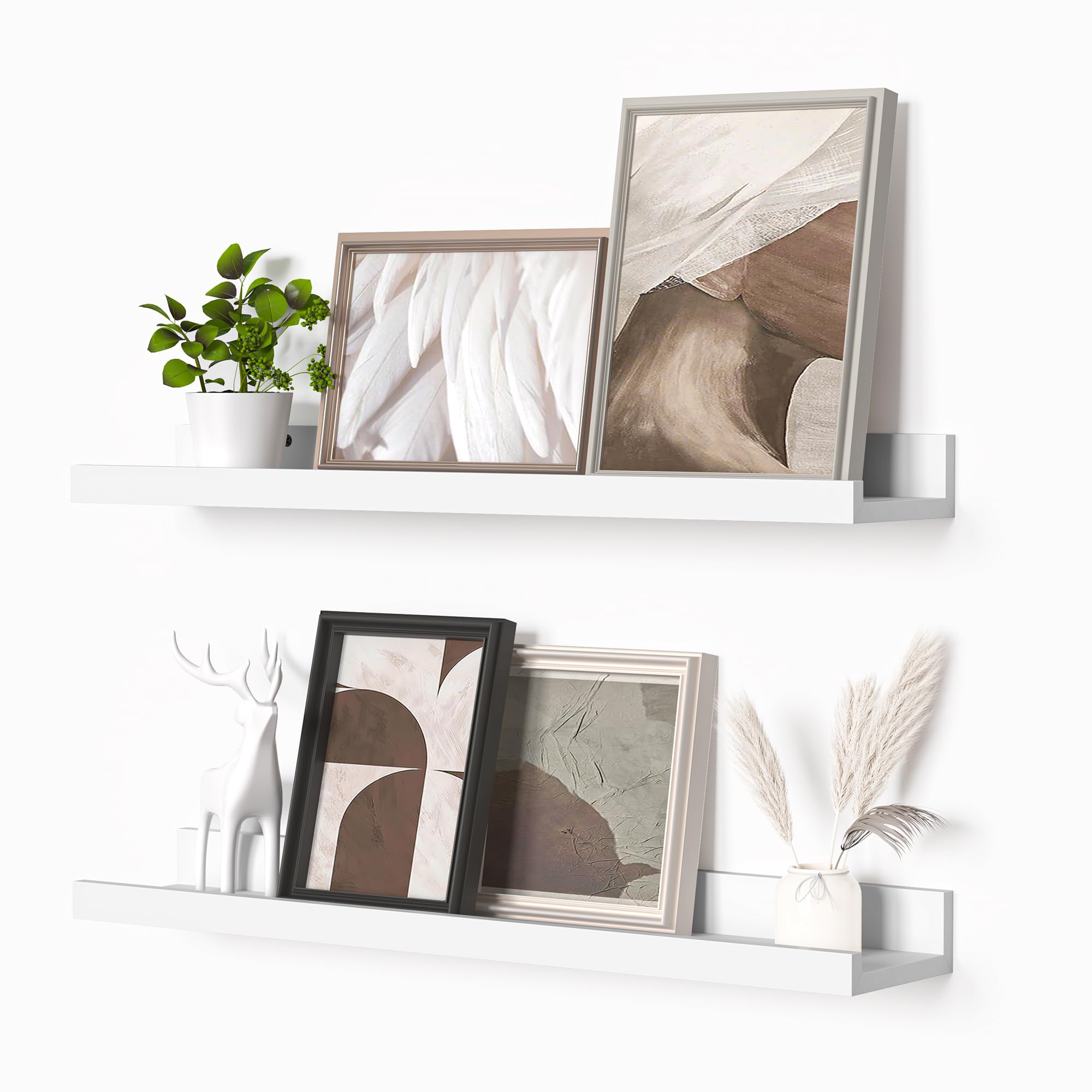 Heimlove front view of 24-inch white picture ledge showing neat frame display and tidy storage