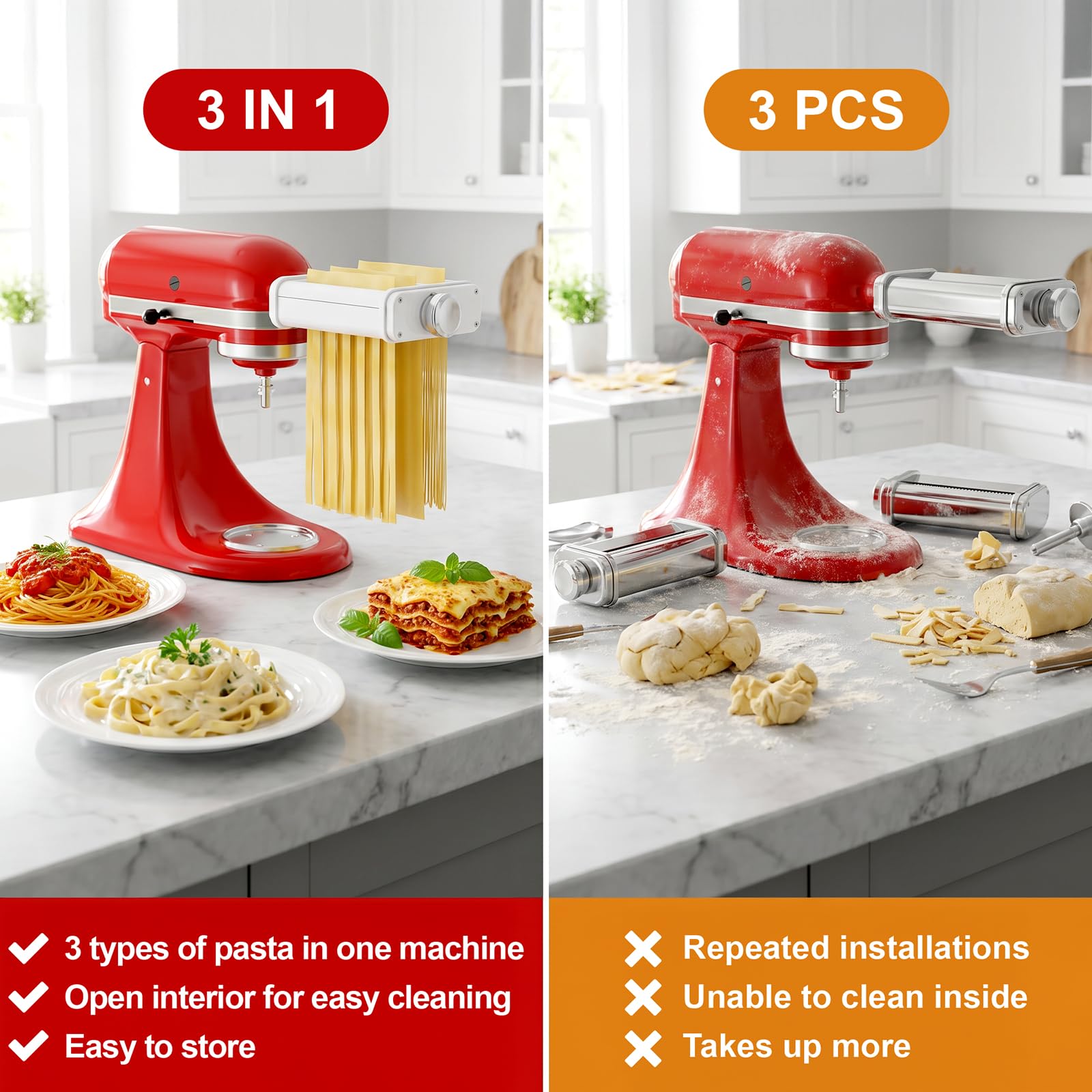Heiolkako detailed cutters for fettuccine and spaghetti producing uniform strands
