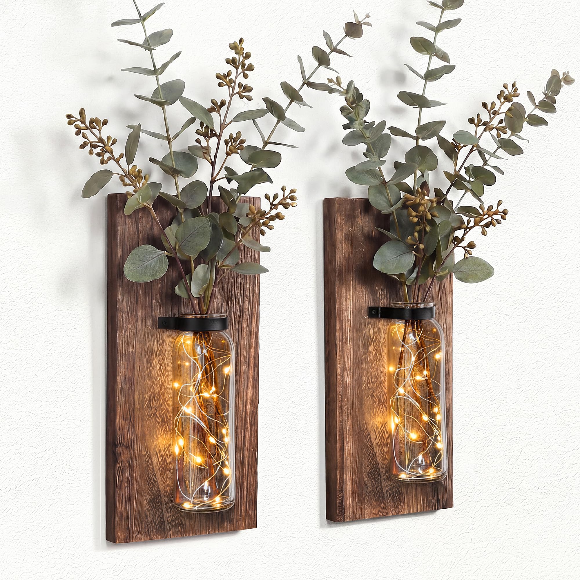 Heiple front view of two wall sconces showing rustic aesthetic and cozy lighting benefit