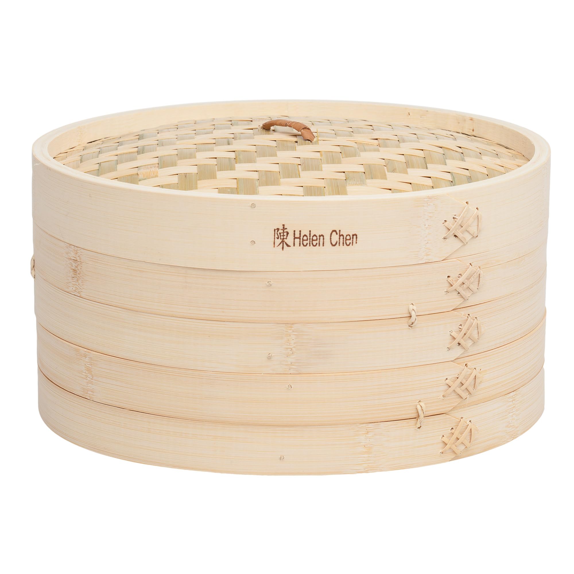 Helen's Asian Kitchen bamboo steamer front view shows two tiers and lid for versatile steaming