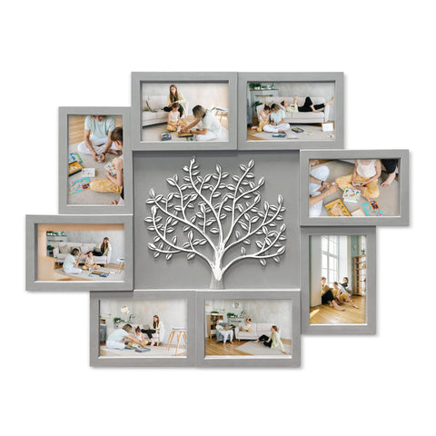 HELLO LAURA front view of grey 8-opening collage frame showing gallery impact