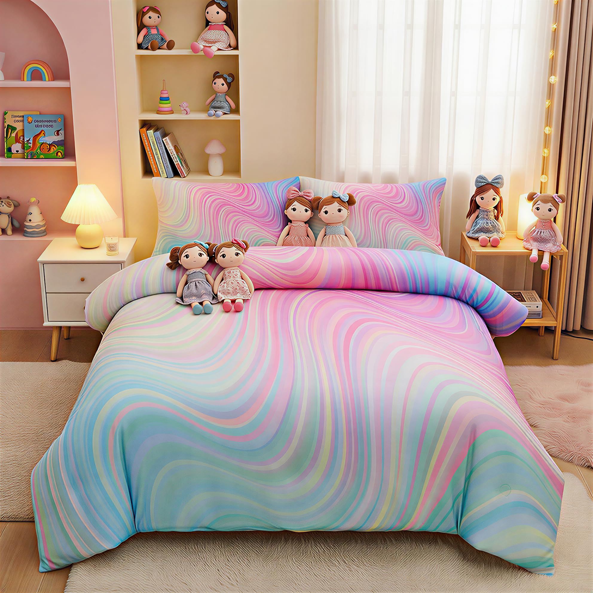 Helloosuu comforter full front view showing bright tie-dye print and cozy look