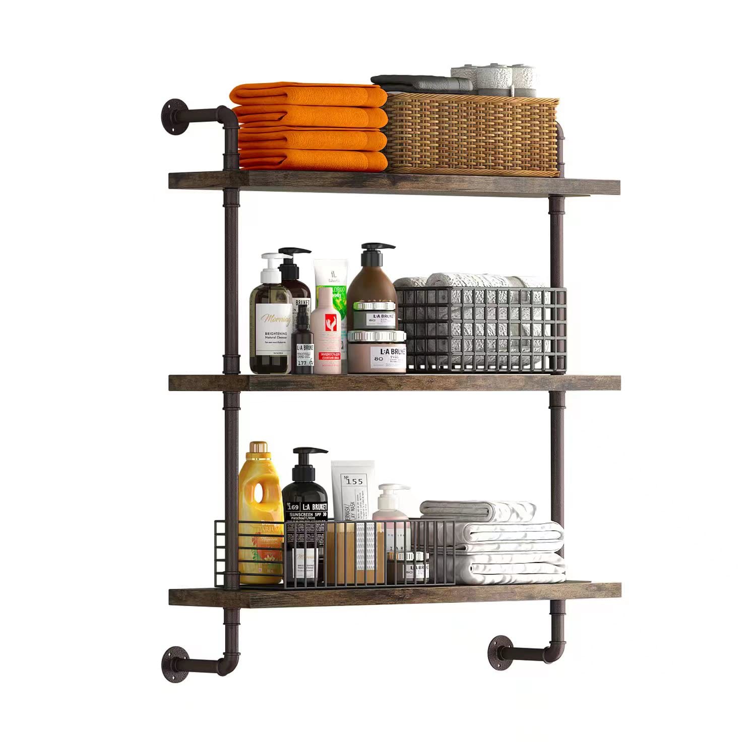 Helsin front view of 24-inch pipe shelf shows rustic storage and space-saving benefit