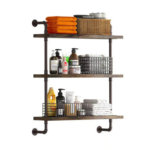 Helsin front view of 24-inch pipe shelf shows rustic storage and space-saving benefit