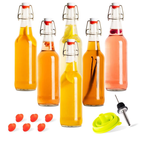Hemlock Home Brewing front packaging showing six swing-top bottles and funnels, durable kit