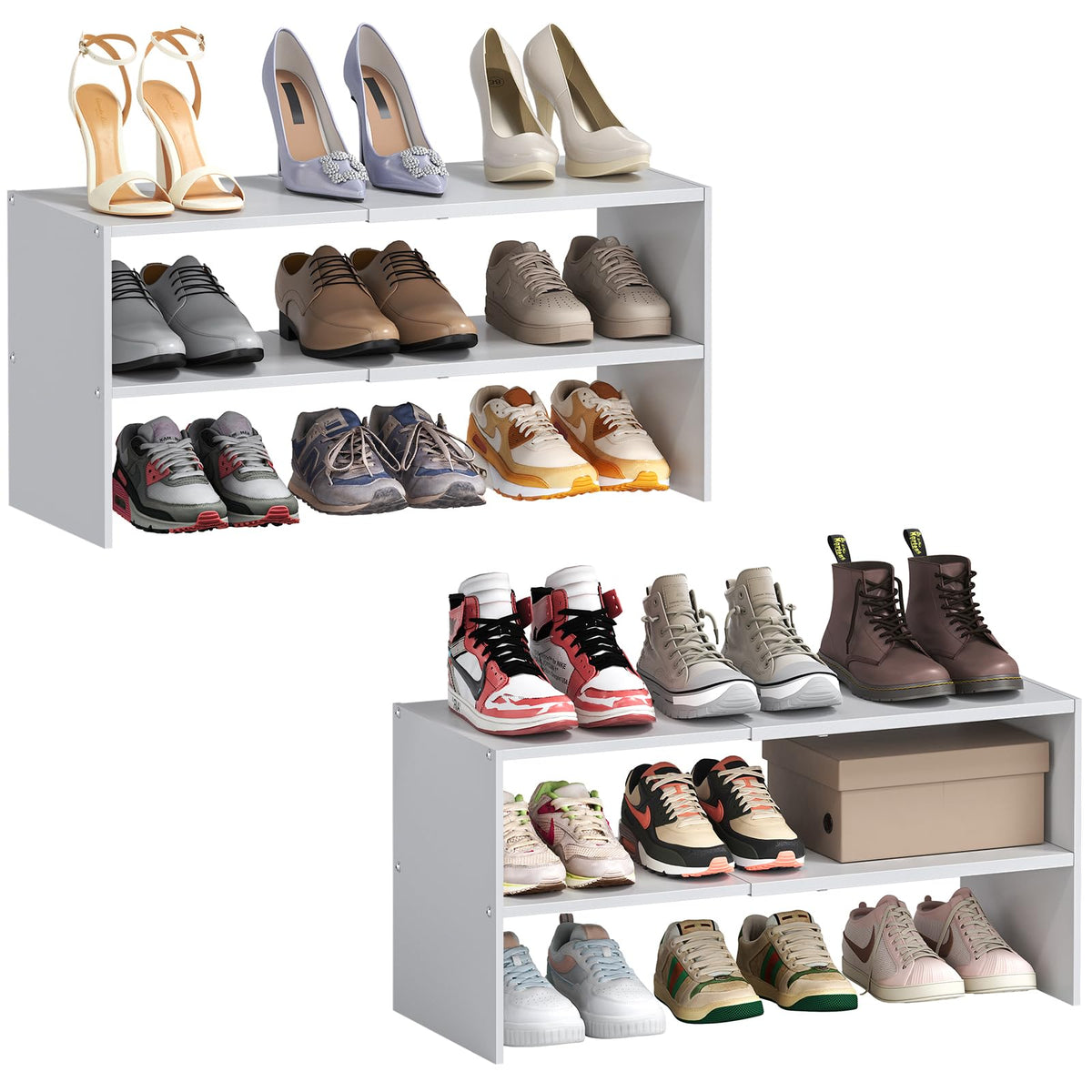 Hencawima front view of two white shoe racks showing tidy storage benefit