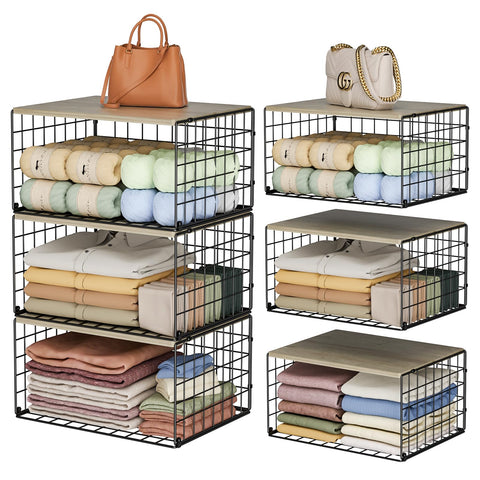 Hencawima front view showing wood top and black metal frame for durable storage
