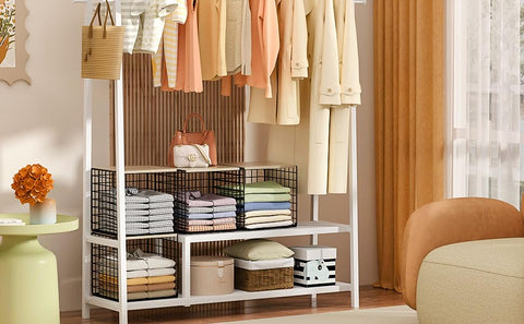 Hencawima next to shoes to show cube scale and correct fit in closet