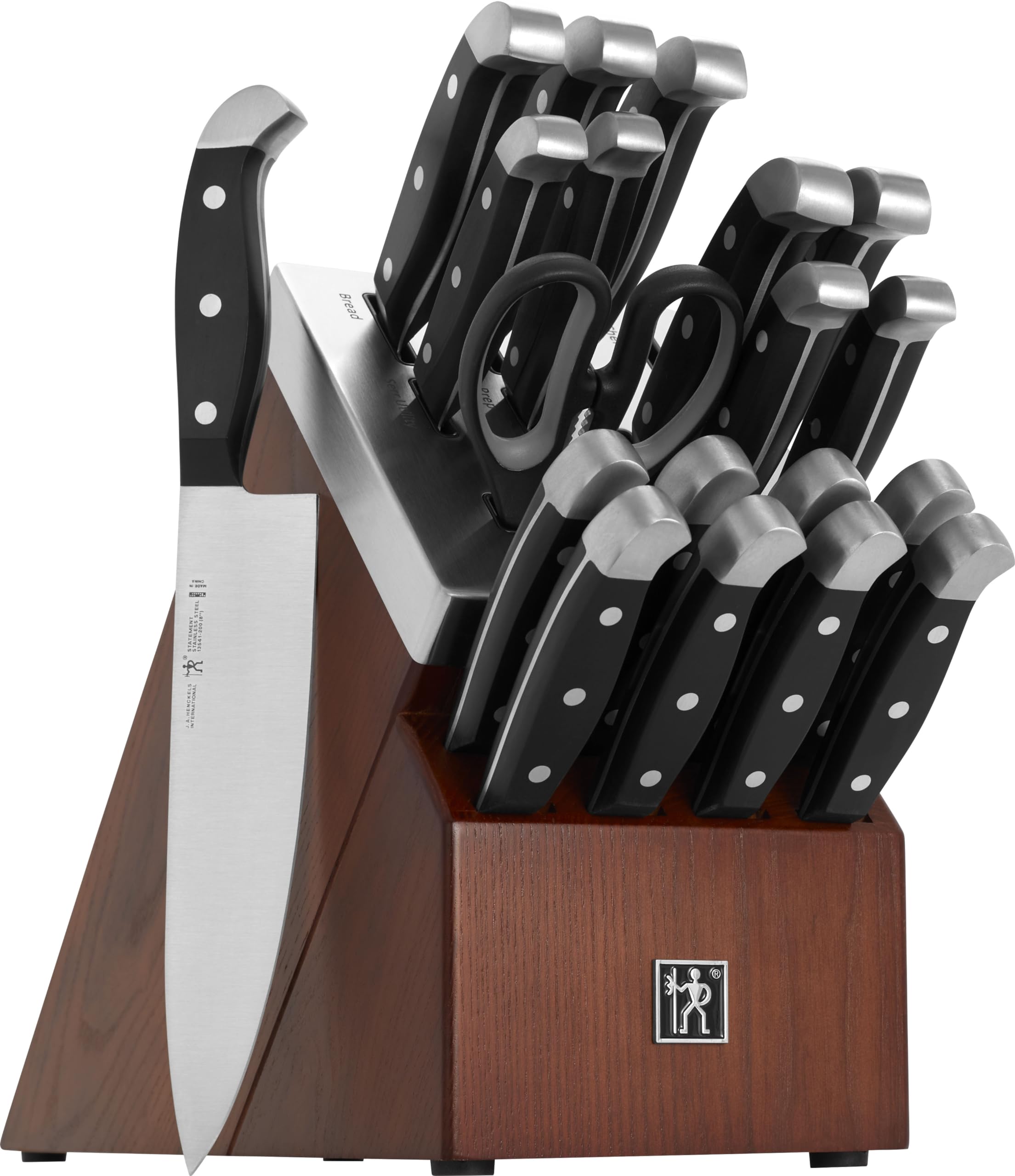 HENCKELS 20-piece set front view showing knives and elegant ash wood block benefit sharp readiness